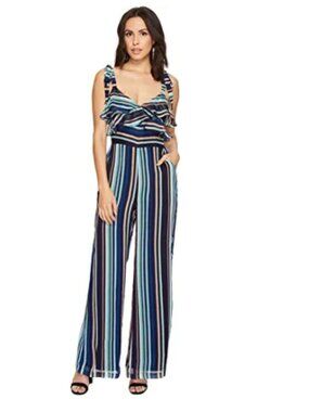 Adelyn Rae Size S Karina Striped Ruffle Jumpsuit Blue/Aqua